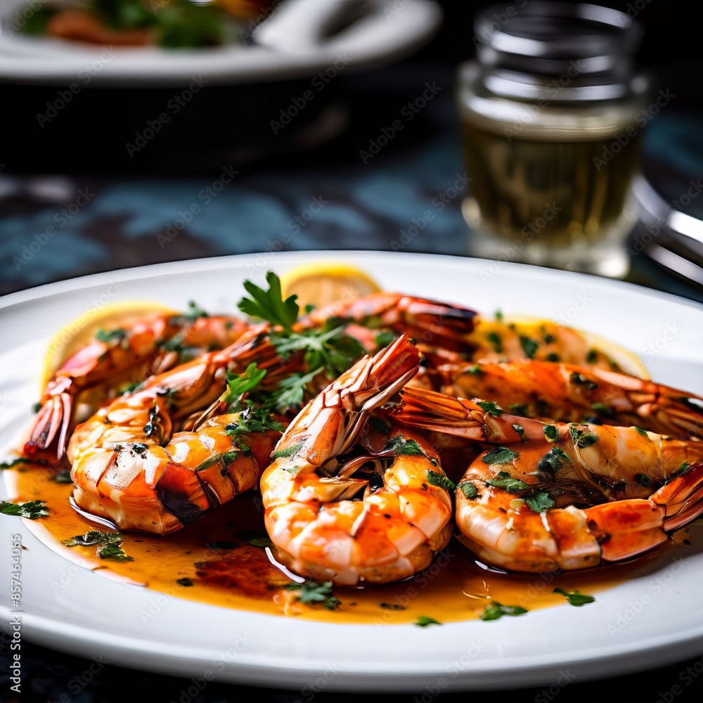 Grilled Prawns in a seasoned oil sauce. Grilled Prawns in a seasoned oil sauce.