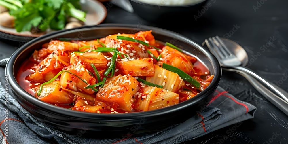 Traditional Korean kimchi stew served in authentic earthenware dish. Concept Korean cuisine, Kimchi stew, Authentic dish, Traditional recipe, Earthenware plate Traditional Korean kimchi stew served in authentic earthenware dish. Concept Korean cuisine, Kimchi stew, Authentic dish, Traditional recipe, Earthenware plate
