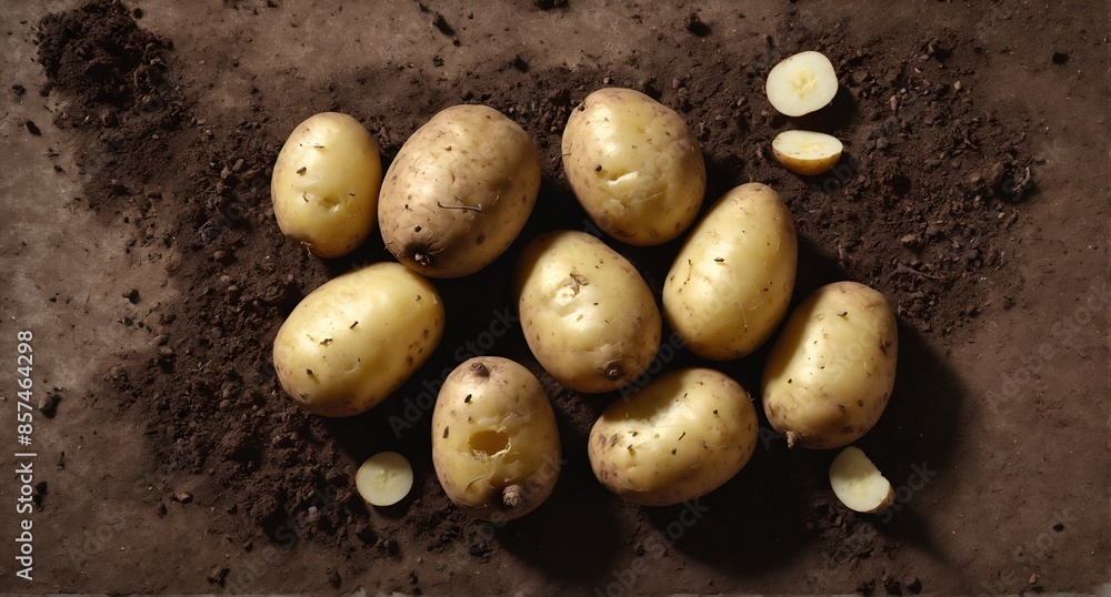 Raw potatoes from field on ground background. Top view flat lay. Raw potatoes from field on ground background. Top view flat lay.