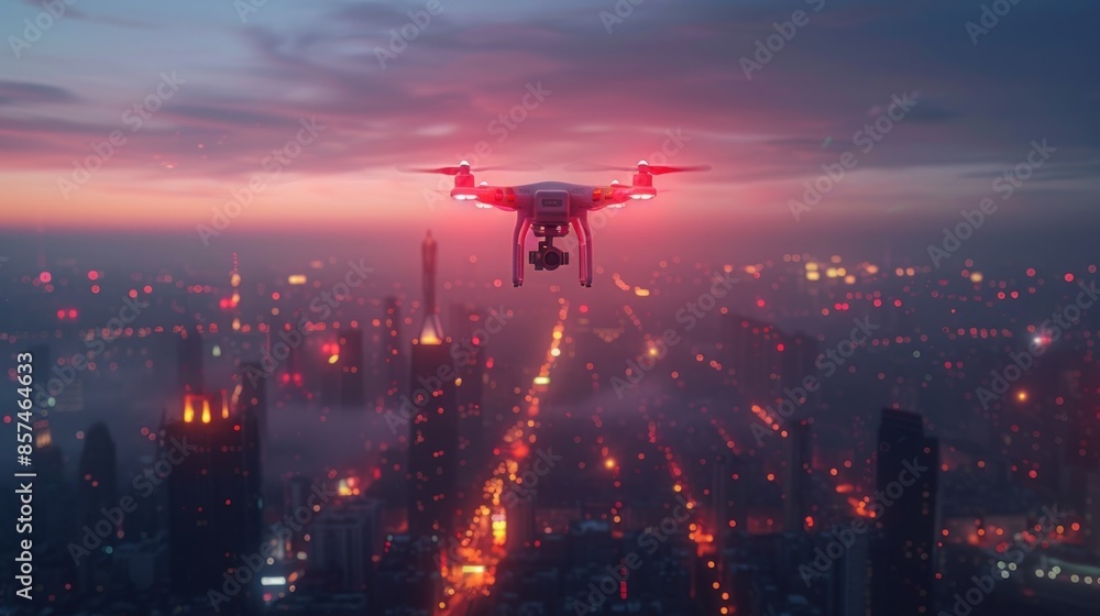 Drone Flying Over a City at Sunset Drone Flying Over a City at Sunset