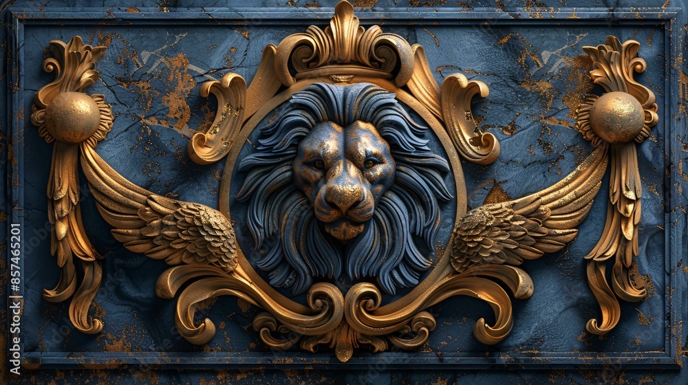 Ornate crest with lions, eagles, and patterns. Ornate crest with lions, eagles, and patterns.