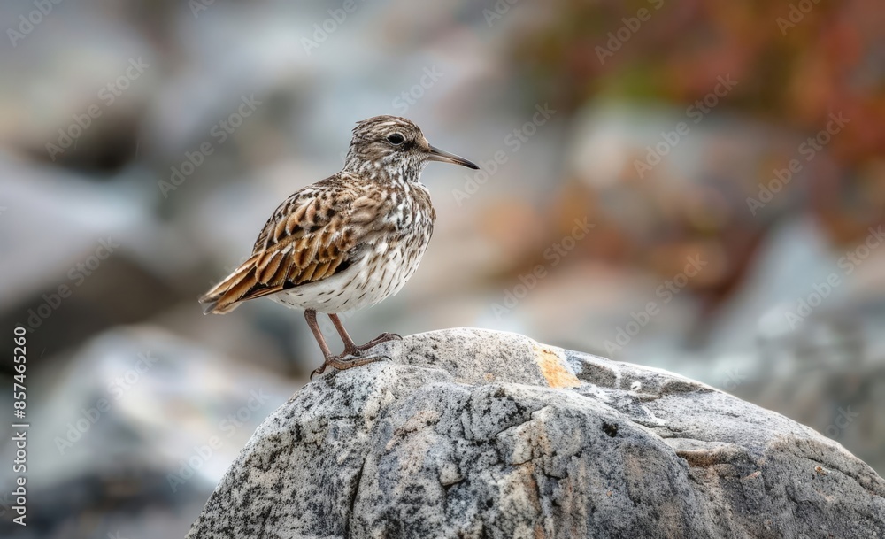 Nature's Palette: A Woodpecker Perched on a Rocky Shoreline Amidst Fallen Leaves Nature's Palette: A Woodpecker Perched on a Rocky Shoreline Amidst Fallen Leaves