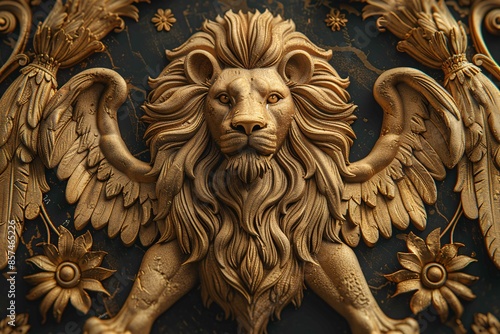 Ornate shield design with intricate heraldic patterns.
