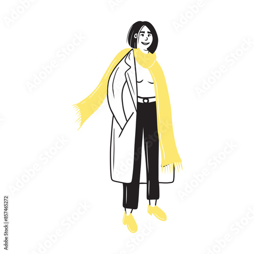 Beautiful woman with black square haircut in black pants, coat and yellow scarf with hand in pocket is standing and smiling. Hand drawn vector doodle flat illustration. Street style look, fashion