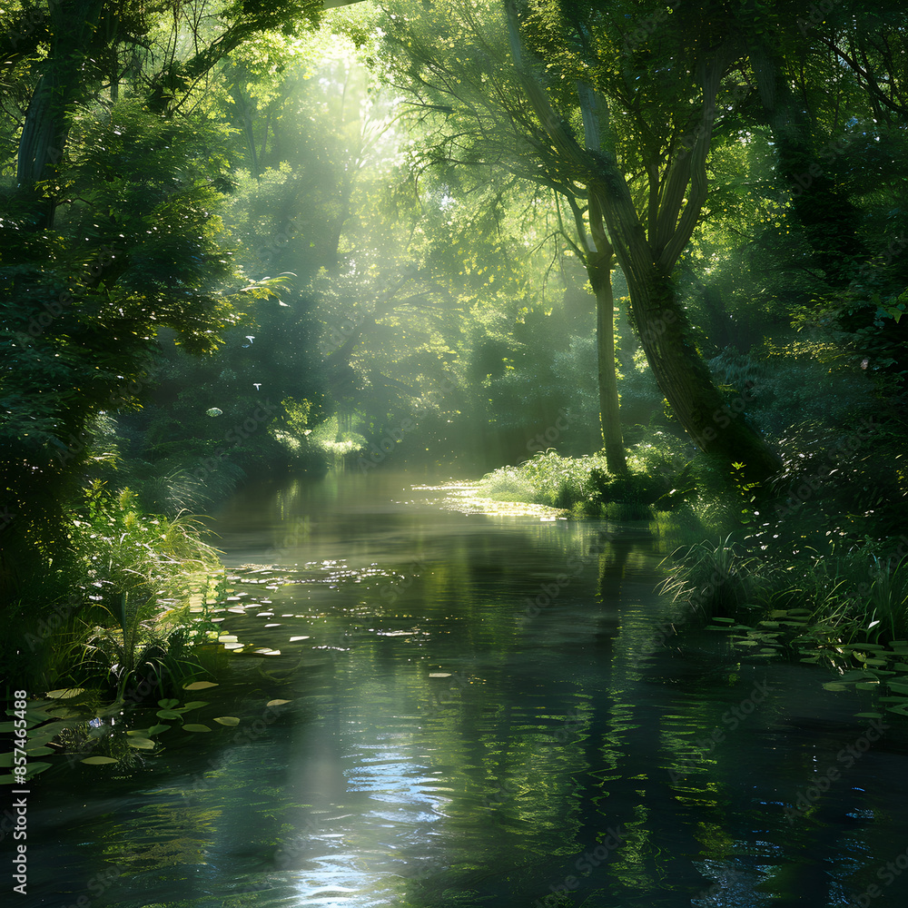 Serene Forest River: Tranquil Waters Reflecting Lush Greenery and Sunlight in a Harmonious Natural Setting Serene Forest River: Tranquil Waters Reflecting Lush Greenery and Sunlight in a Harmonious Natural Setting