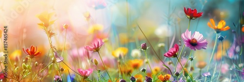 Bright floral summer background with wild flowers meadow broad poster or banner. AI generative image.