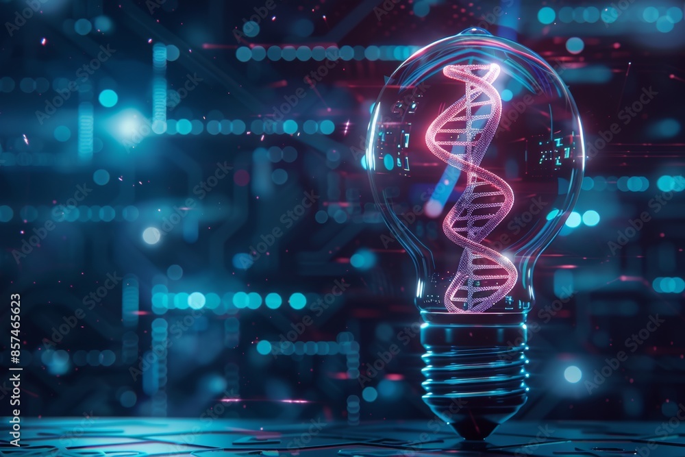 Futuristic Light Bulb with Holographic DNA Pattern Generative AI Futuristic Light Bulb with Holographic DNA Pattern Generative AI