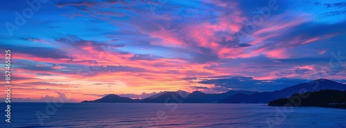 Sunset at a tropical island with stunning mountain views.