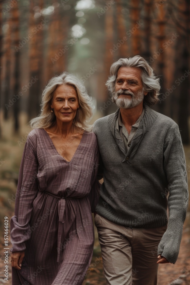Elderly Hispanic couple smiling, walking in a forest, she in a purple dress, he in a gray sweater, morning light, waist-up photo Elderly Hispanic couple smiling, walking in a forest, she in a purple dress, he in a gray sweater, morning light, waist-up photo