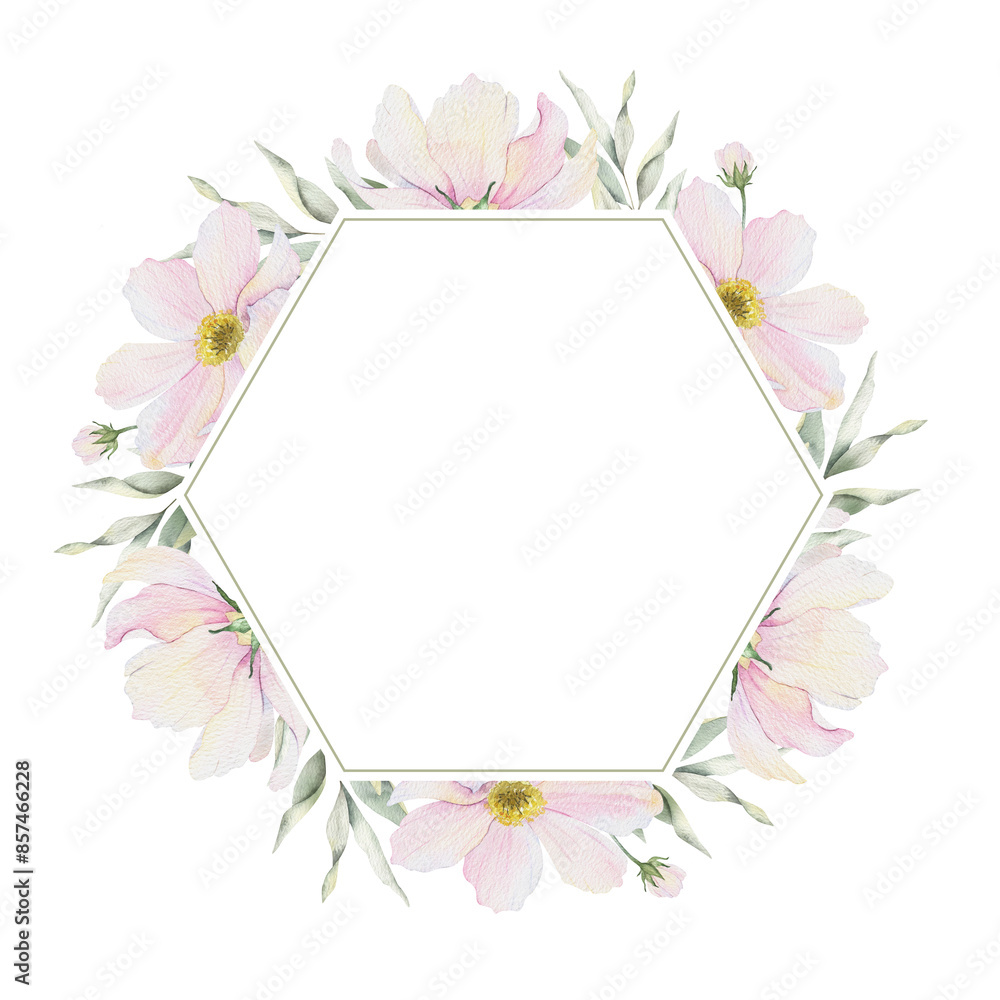 Obraz premium Cosmos flowers and leaves. Isolated hand drawn watercolor frame of pink cosmea. Summer floral of pink wildflowers wreath for wedding invitations, cards, packaging of goods