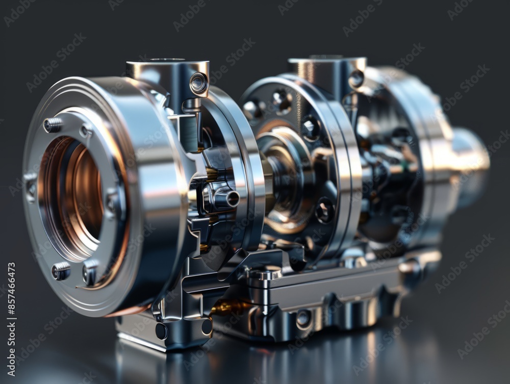 Close-up of shiny metal machine components, highlighting industrial precision. Close-up of shiny metal machine components, highlighting industrial precision.