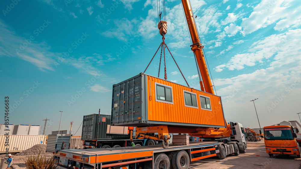 Trucks with cranes transporting container offices to the construction site, helping to quickly commission and manage construction projects. Trucks with cranes transporting container offices to the construction site, helping to quickly commission and manage construction projects.