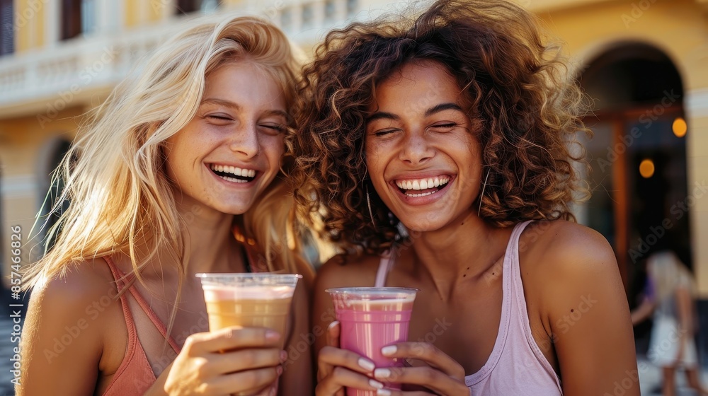 Two women share a hearty laugh while holding cold drinks outdoors, encapsulating the essence of joyful friendship and relaxation during a leisurely, sunny day out. Two women share a hearty laugh while holding cold drinks outdoors, encapsulating the essence of joyful friendship and relaxation during a leisurely, sunny day out.
