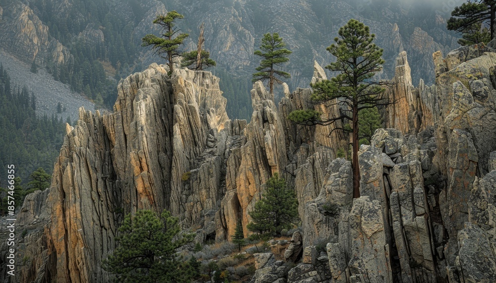 Detailed view of rugged rock formations and majestic spires lining a mountain ridge