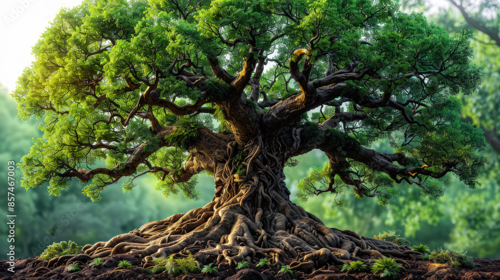 Fototapeta premium Ancient Majestic Tree with Sprawling Roots in Lush Forest