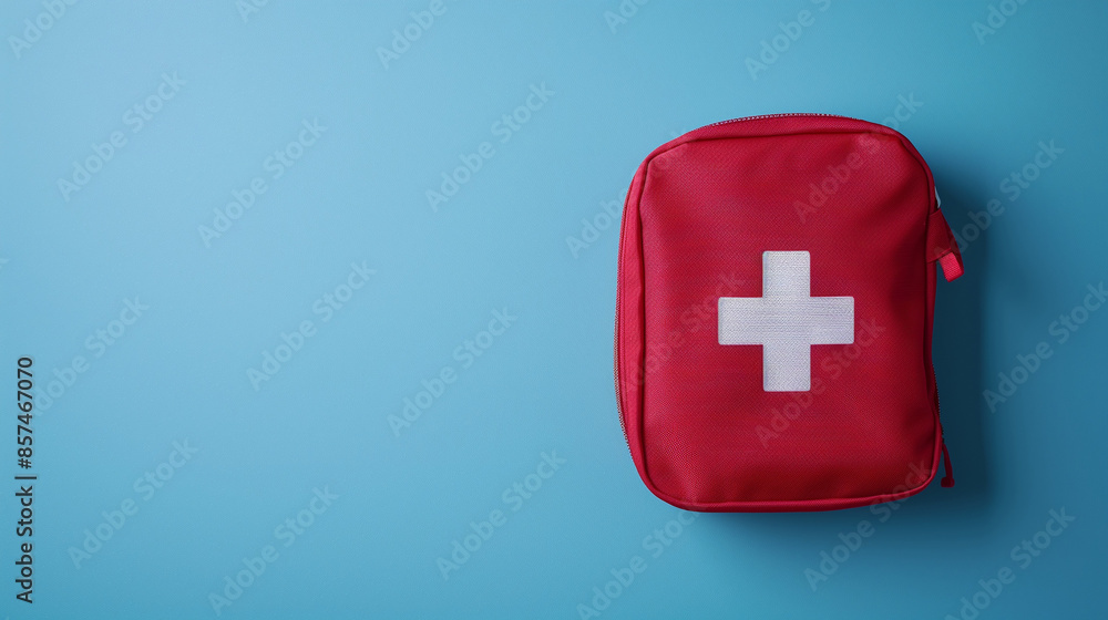 Obraz premium A red first aid bag lies on a blue background, with space for additional text, reflecting the indispensability of a medical kit in a healthcare context.