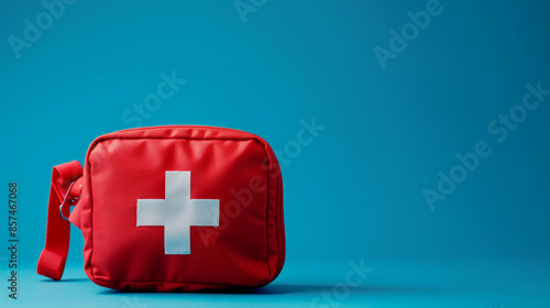 A red first aid bag lies on a blue background, with space for additional text, reflecting the indispensability of a medical kit in a healthcare context.