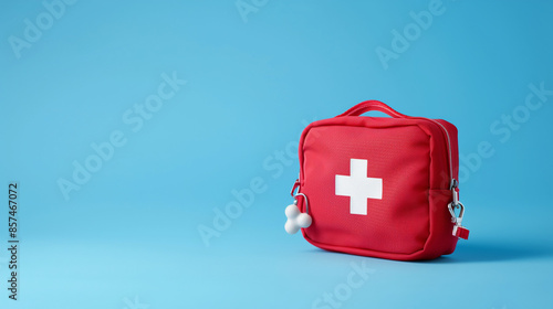 A red first aid bag lies on a blue background, with space for additional text, reflecting the indispensability of a medical kit in a healthcare context. photo