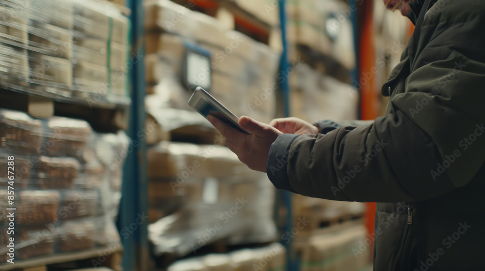 Warehouse scene with pallets of food products, a worker with a tablet, close-up on their focused interaction with the device Warehouse scene with pallets of food products, a worker with a tablet, close-up on their focused interaction with the device