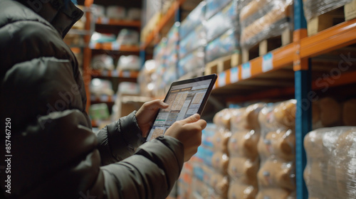 Warehouse worker using a tablet to log information about a pallet of wrapped food products, close-up, organized shelves in the backdrop