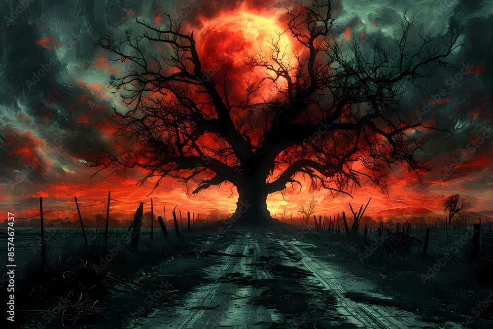 A large, gnarled tree devoid of leaves stretches its twisted branches skyward, silhouetted starkly against the ominous dark red clouds and night sky, creating a scene of eerie beauty and solitude A large, gnarled tree devoid of leaves stretches its twisted branches skyward, silhouetted starkly against the ominous dark red clouds and night sky, creating a scene of eerie beauty and solitude
