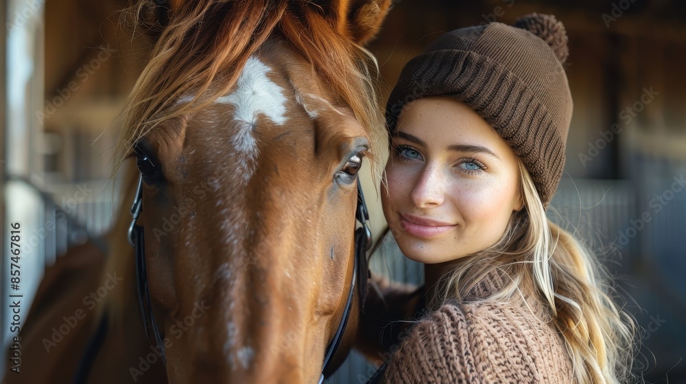 Fototapeta premium A woman wearing cozy knitted attire stands closely with a horse inside a rustic barn, symbolizing their strong bond and harmonious relationship in a serene setting