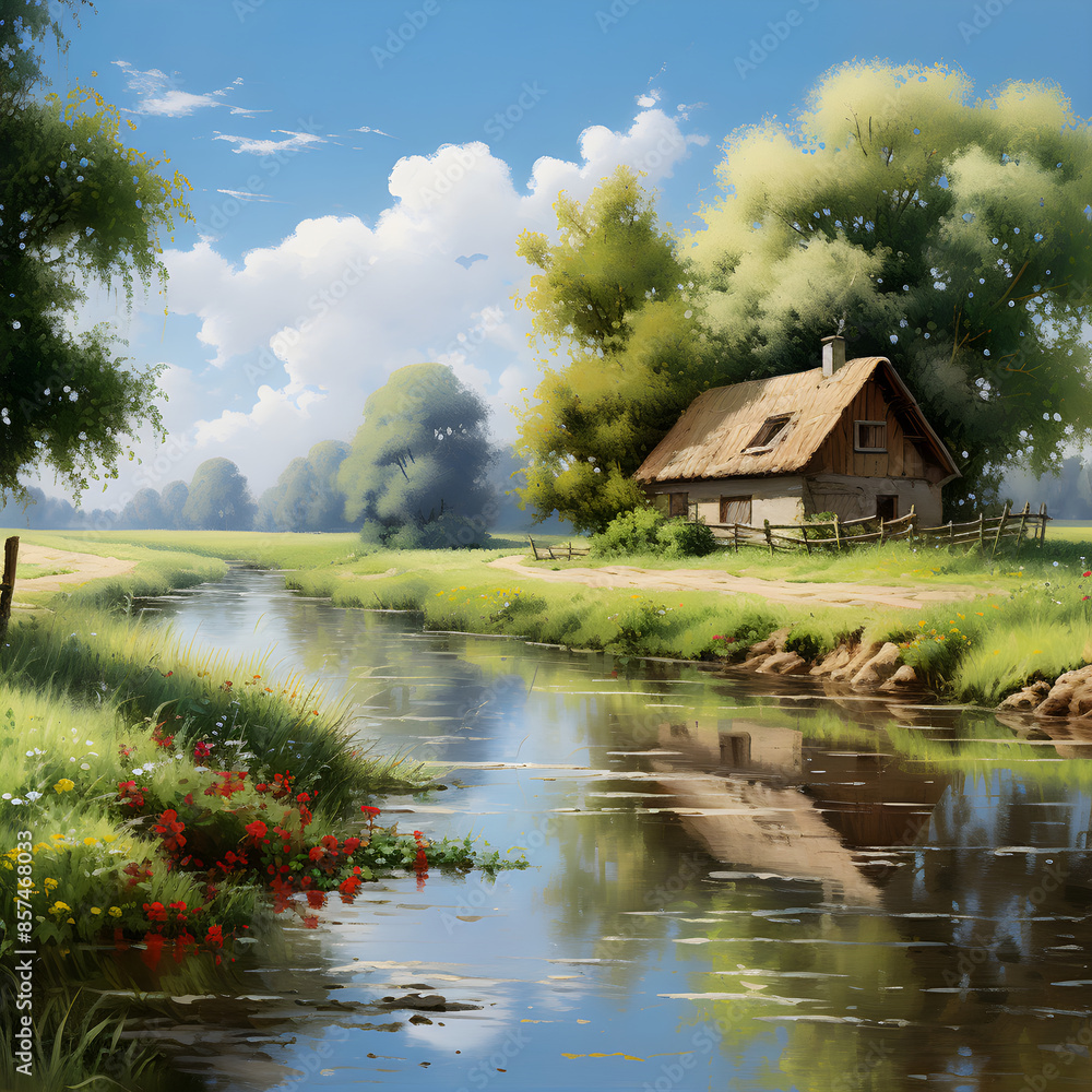 Idyllic Summer Farmhouse Scene - Rural Life Bathed in Warmth and Serene Beauty Idyllic Summer Farmhouse Scene - Rural Life Bathed in Warmth and Serene Beauty
