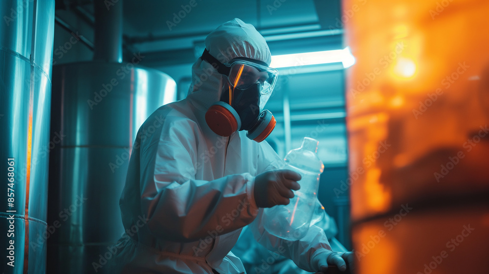 Close-up of a worker in full protective gear, skillfully handling hazardous substances inside a well-lit containment chamber, highlighting the importance of safety and expertise Close-up of a worker in full protective gear, skillfully handling hazardous substances inside a well-lit containment chamber, highlighting the importance of safety and expertise