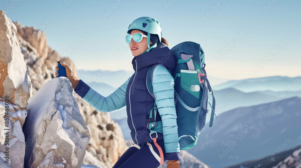 climber climbs up the mountain, aerial view climber climbs up the mountain, aerial view