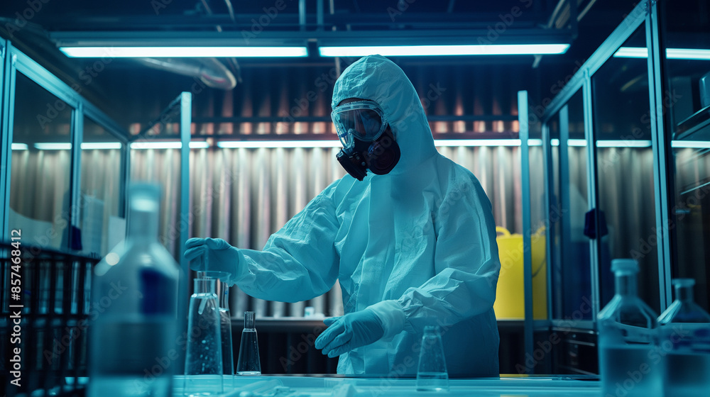 A worker, protected by a hazmat suit, skillfully managing hazardous chemicals within a well-lit, sealed containment chamber A worker, protected by a hazmat suit, skillfully managing hazardous chemicals within a well-lit, sealed containment chamber