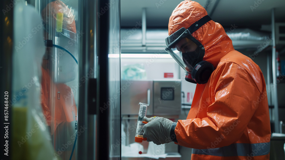 The secure interior of a containment chamber, featuring a worker in full safety gear, precisely measuring hazardous materials