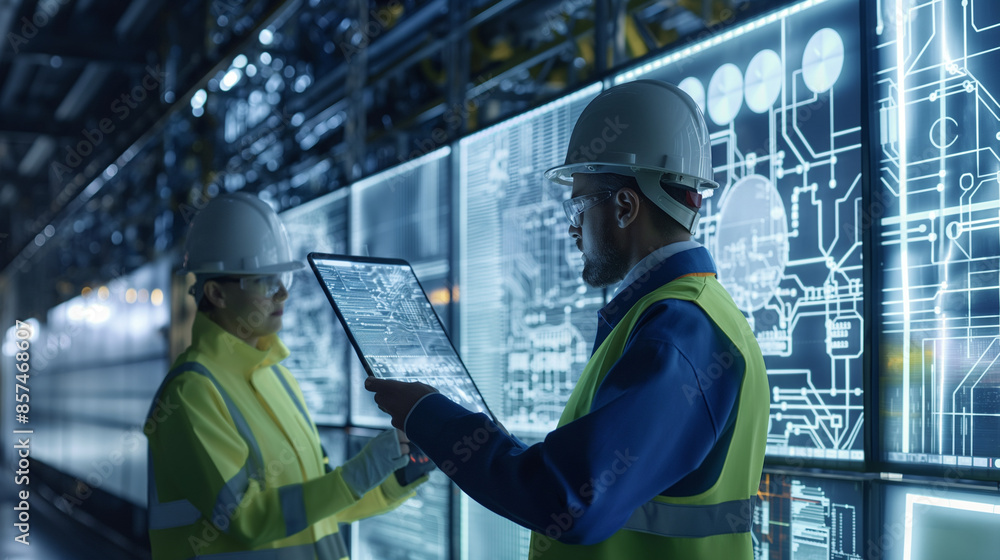 Engineers studying digital tablets with energy distribution maps and efficiency analytics at a nuclear plant, optimizing smart grid operations Engineers studying digital tablets with energy distribution maps and efficiency analytics at a nuclear plant, optimizing smart grid operations