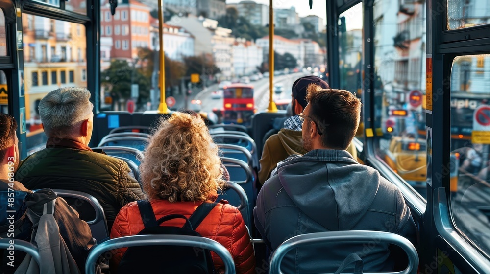 Naklejka premium Several commuters sit inside a city bus, with a scenic view of the city buildings and streets visible through the large bus windows, suggesting a calm travel experience.