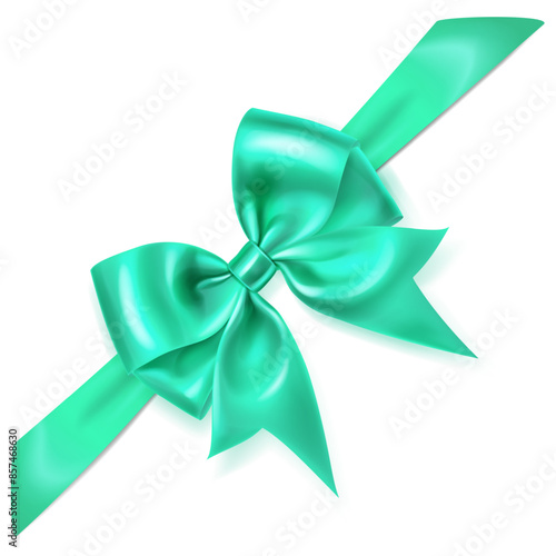 Beautiful large turquoise bow with diagonal ribbon and soft shadow on white background. Vector illustration for design projects and creative works.