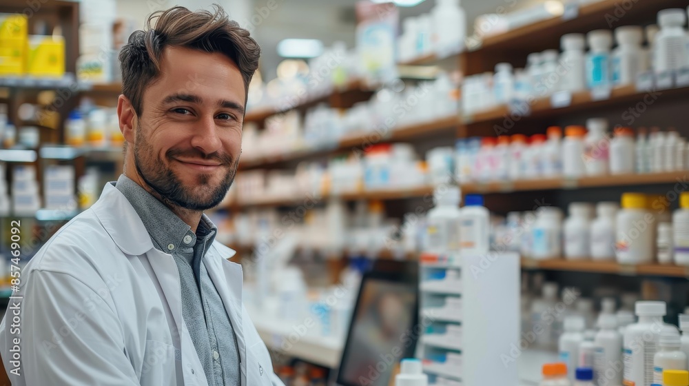 A smiling pharmacist in a white coat stands confidently in front of shelves stocked with medication, depicting professionalism, trust, and commitment to healthcare. A smiling pharmacist in a white coat stands confidently in front of shelves stocked with medication, depicting professionalism, trust, and commitment to healthcare.