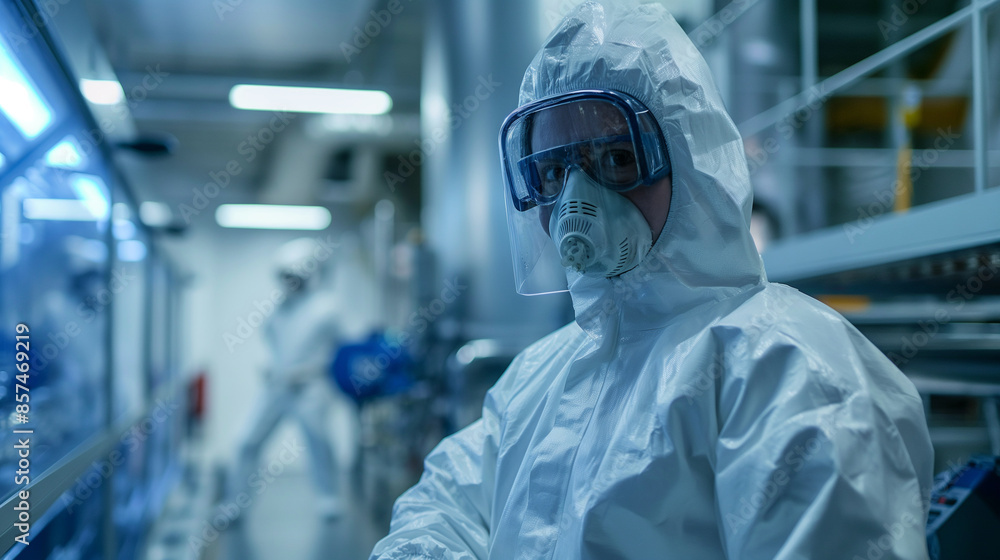 A technician in a full protective suit works diligently inside a modern nuclear reactor, focusing on intricate control systems and ensuring safety protocols A technician in a full protective suit works diligently inside a modern nuclear reactor, focusing on intricate control systems and ensuring safety protocols