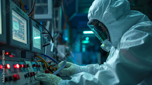 A technician in protective gear meticulously monitors the systems within a modern nuclear reactor, ensuring everything operates within safety parameters