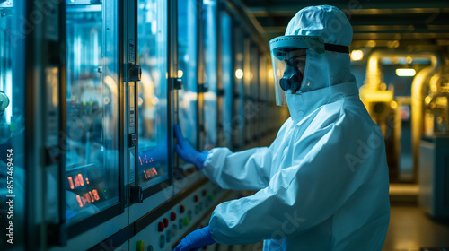 A technician in protective gear meticulously monitors the systems within a modern nuclear reactor, ensuring everything operates within safety parameters