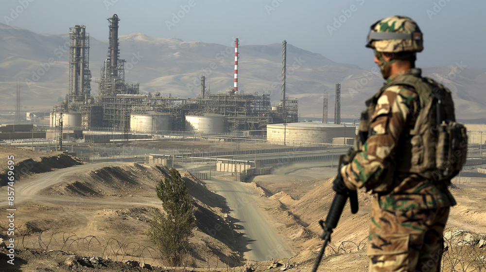With a modern oil refinery stretching behind him on a bright day, a soldier in military gear holds his weapon, marking the site's strategic importance With a modern oil refinery stretching behind him on a bright day, a soldier in military gear holds his weapon, marking the site's strategic importance