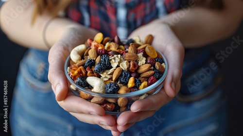 Woman Holding Trail Mix for Hiking