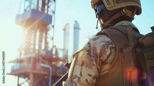 With the modern oil rig stretching out behind him in the bright sun, a soldier in military attire stands vigilant with his weapon, emphasizing the facility's strategic value photo