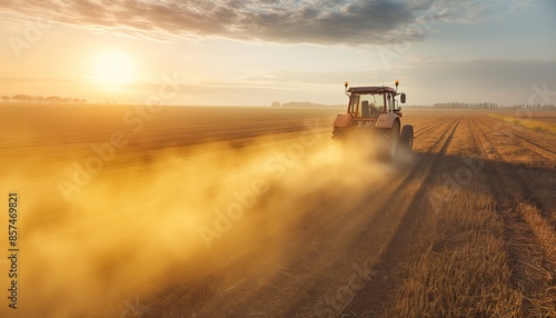 Tractor creating a dust trail while working in the field at sunrise