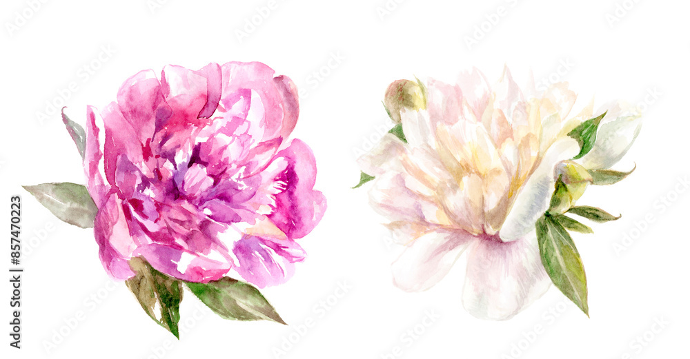 Peony watercolor art in pink and white tones, great for art inspiration, weddings, or botanical art