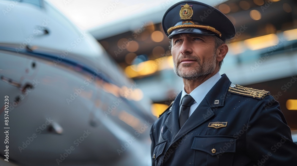 A male pilot in uniform stands confidently beside an airplane, exuding professionalism and readiness. The well-lit background highlights the modern aviation setting. A male pilot in uniform stands confidently beside an airplane, exuding professionalism and readiness. The well-lit background highlights the modern aviation setting.