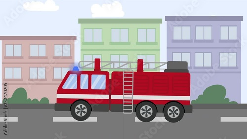 Cartoon style animated fire truck with flashing lights on moving on the road with city background. Loopable, motion graphic footage. 4K Resolution.