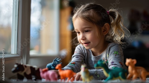 A little girl with blonde hair is playing with multiple animal figurines by the window, illustrating innocence, creativity, and the wonder of early childhood playtime.