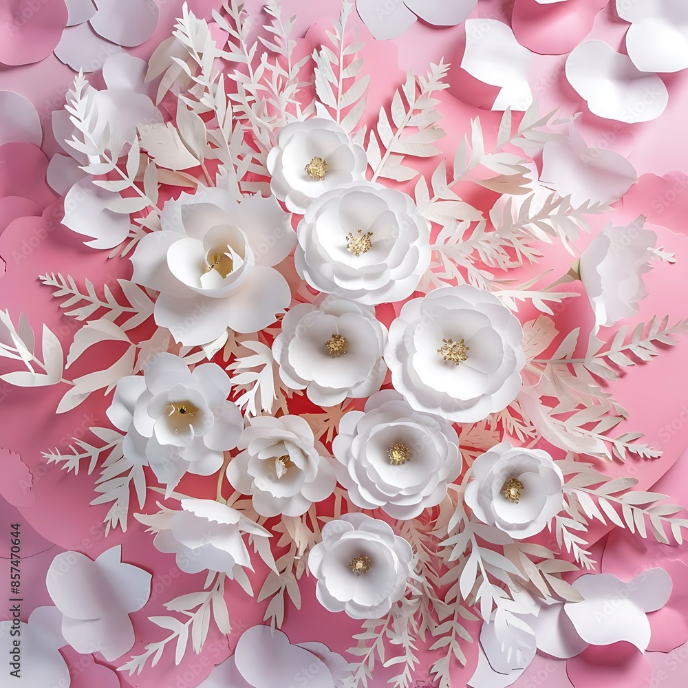 White paper flowers on pink background floral background cut from paper White paper flowers on pink background floral background cut from paper