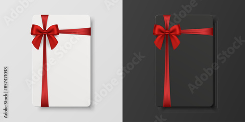 Vector 3D Realistic Blank Gift Card and Gift Certificate Template with Silk Red Ribbon and Satin Bow. Greeting or Sale Card, Isolated. Birthday, Christmas, Party Gifts, Invitation Concept
