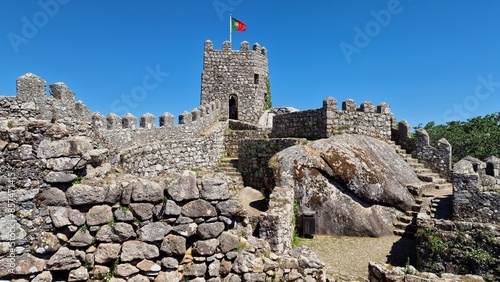 Moorish Castle or Castle of the Moors in Sintra Portugal. It is a fortification founded in the 10th century, during the period the Moors occupied the Iberian Peninsula. Walls and tower of the fortress