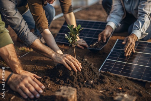Hands Planting Trees and Using Solar Panels for Sustainability